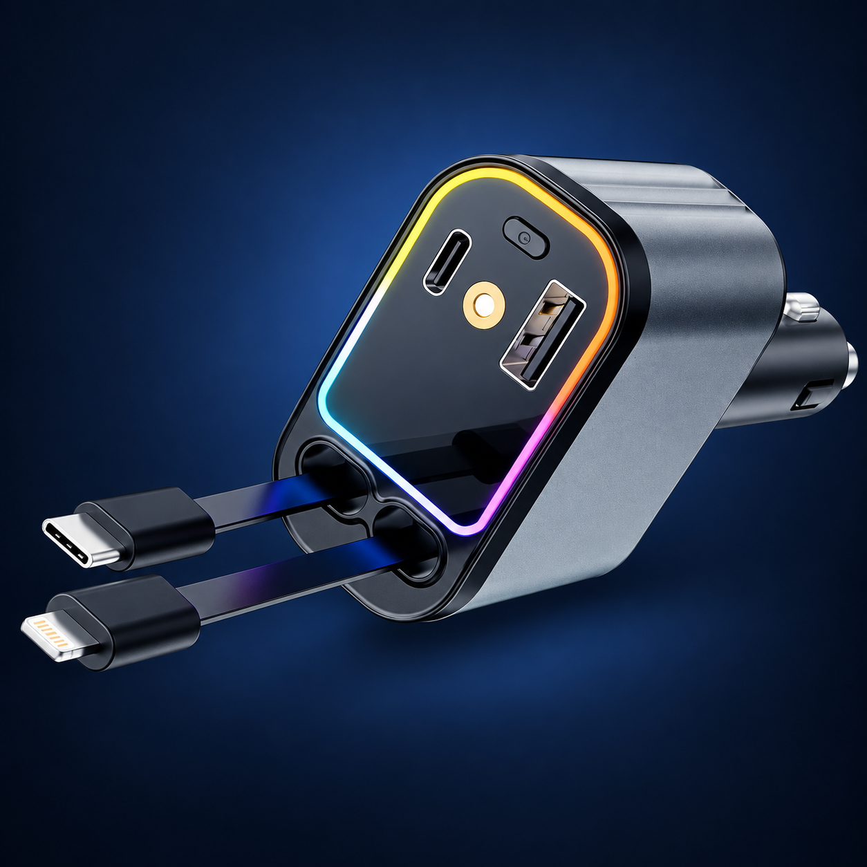 Chargeur voiture 4-en-1 avec deux câbles rétractables et ports USB-C et USB-A